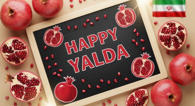Happy yalda night greeting card with pomegranates and iranian flag