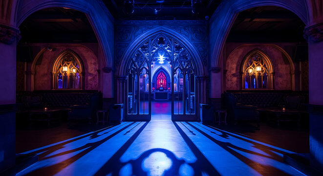 Gothic archway in dimly lit interior with blue with illuminated blue red lights