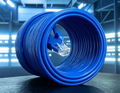 Coiled Blue Ethernet Cable Resting on Dark Surface in Futuristic Data Center