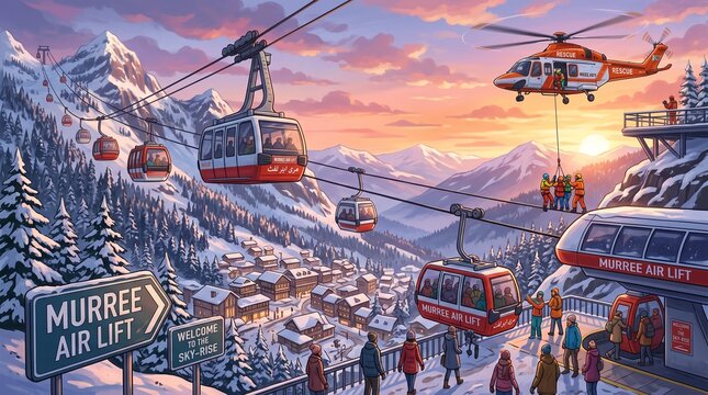 Murree Air Lift cable cars operating over a snowy mountain town at sunset