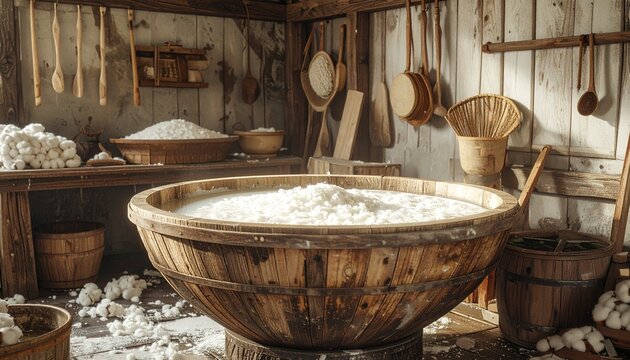 Traditional wooden butter churn with vintage kitchen items.