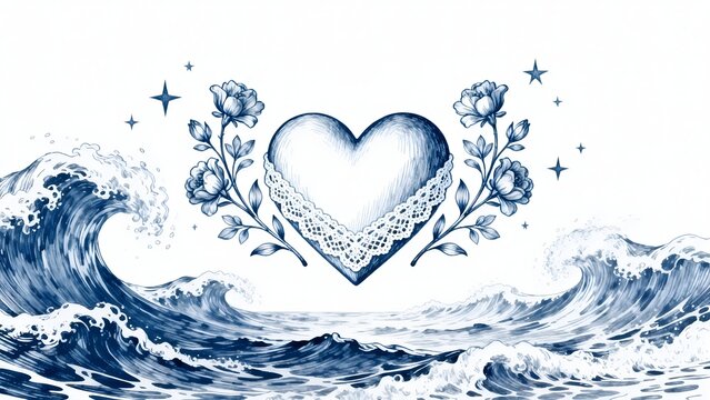 Heart with waves and flowers