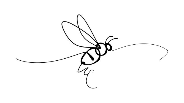 Minimalist bee line drawing on white background.