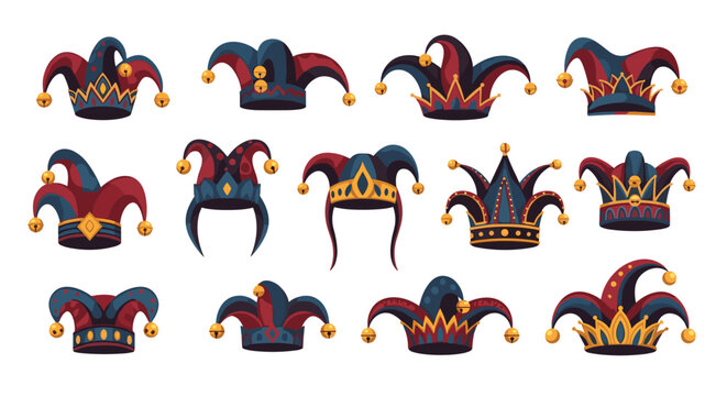 Medieval jester hats collection with colorful bells and traditional fool cap designs in red, gold, and blue colors.