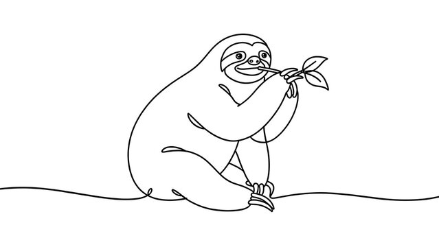 Cute sloth eating leaf illustration white background.