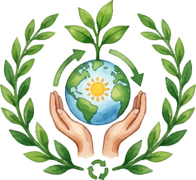 Green leafy wreath embracing human hands, earth globe, bright sun, and recycling icon in a symbol of ecology awareness. Suitable for ecoconscious designs.