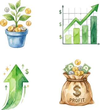 Watercolor illustration featuring a plant pot with a financial growth chart, green arrow, money, profit bag. Perfect for business presentations.