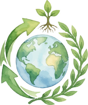 Watercolor globe with green arrows and sprouting plant leaves symbolizes environmental conservation and sustainability, ideal for naturethemed designs.