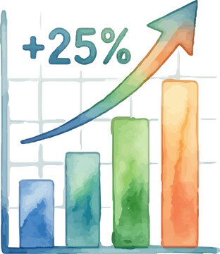 Business growth visualization in watercolor style shows a colorful bar chart with a 25 increase. Perfect for presentations, reports, and infographics.