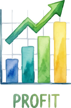 Watercolor bar chart symbolizes business growth, financial success with profit trends. Ideal for presentations, reports, and promotional materials.