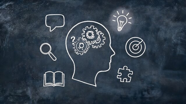 Chalkboard drawing of a thinking head