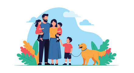Fototapeta premium Happy family with three young children and their loyal golden retriever dog stands together in front of a blue sky background.