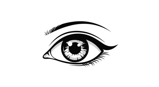 Stylized black and white vector illustration of a beautiful female eye with sharp eyebrows, eyelashes, and detailed iris.