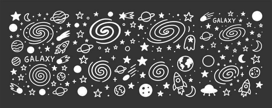 Hand drawn doodle set featuring white cosmic elements like stars planets rockets and swirling galaxies on a dark background surface