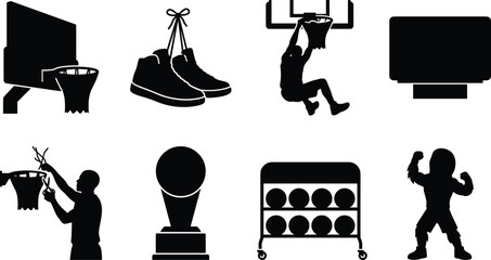 Basketball vector silhouette icon bundle featuring sport gear tournament equipment hoops shoes trophy rack player and team mascot © Shoriful