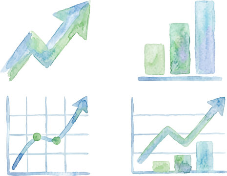 Business growth chart painted in blue green watercolor with artistic style suitable for presentations, reports, websites, and marketing materials.
