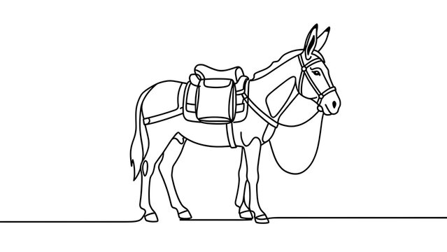 Donkey with saddlebags on white background.