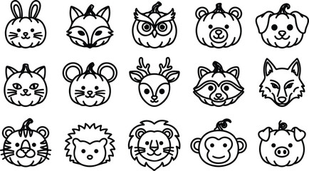Fototapeta premium Halloween vector bundle cute animal faces line art for spooky designs
