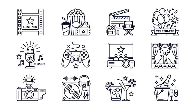Entertainment Icons: Cinema, Music, Gaming, Party, Photography, DJ, Drinks