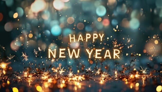 Happy new year greeting with glowing golden text and festive sparklers
