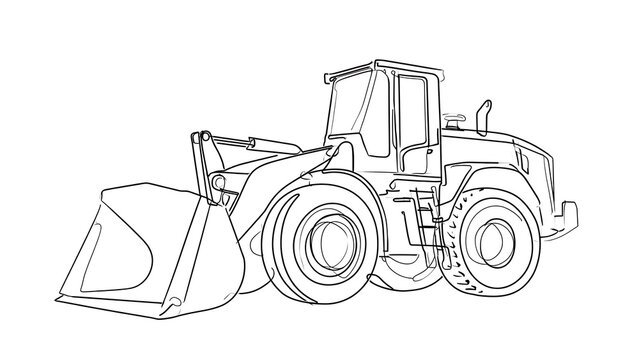 Wheel loader line art illustration white background.