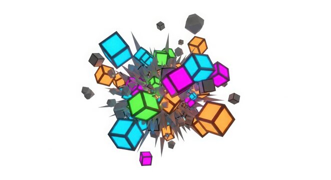 Colorful 3d cubes exploding in a vibrant dynamic splash of geometric shapes