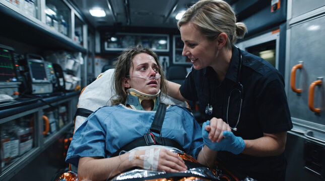 Paramedic comforting injured woman in neck brace inside ambulance