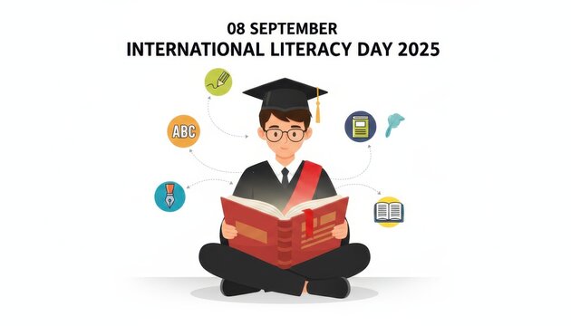 International literacy day 2025 illustration with a graduate reading