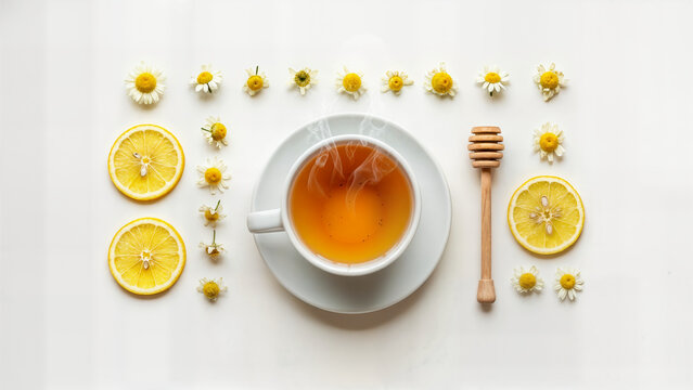 Cup of herbal tea with steam surrounded by chamomile flowers and lemon slices and honey dipper on white background for relaxation and healthy organic lifestyle view.
