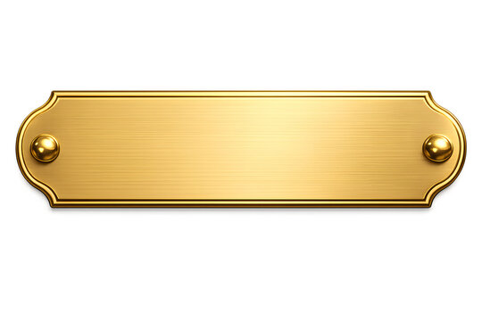 Luxurious blank brushed gold metal nameplate isolated on a transparent background