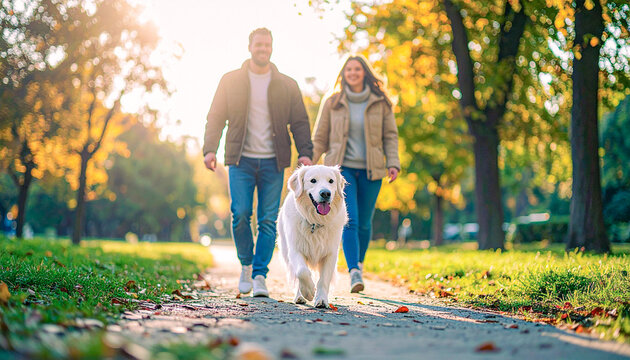 Anthrozoology photograph capturing positive human canine attachment during heterospecific group locomotion, showing a couple walking a golden retriever dog in an autumn park