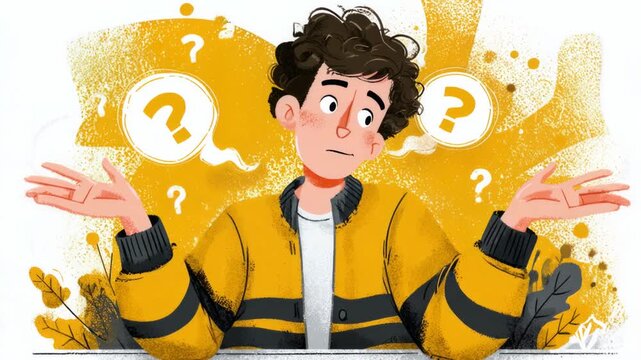 Animated young man shrugging shoulders, expressing confusion and doubt on a white background