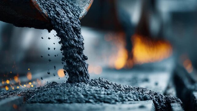 Industrial process of pouring iron ore concentrate in a steel mill with sparks and heat