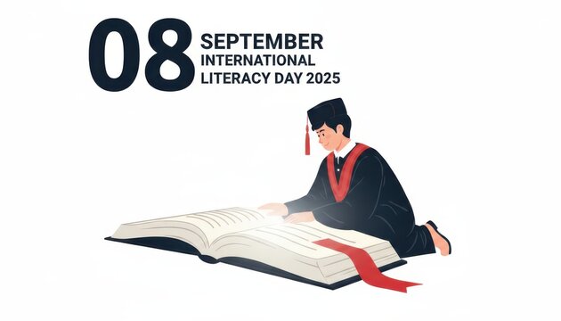 International literacy day 2025 illustration with a student reading a book