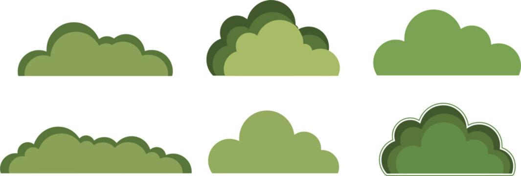 Green bush and shrub icons vector illustration set, flat design garden hedges isolated on white background