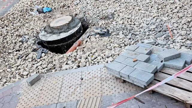 Construction workers install and adjust a utility manhole surrounded by gravel and paving blocks. Ideal footage for infrastructure, roadworks, civil engineering, urban development, and maintenance