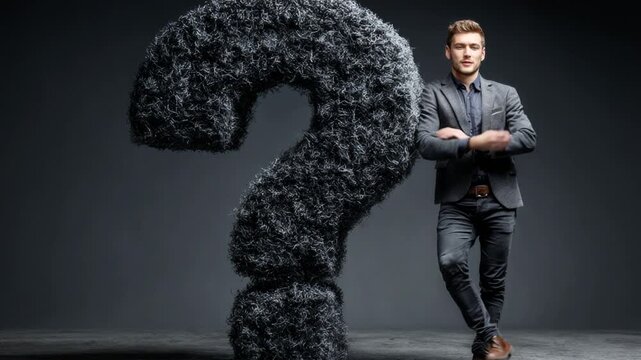 Smartly dressed young man standing with crossed arms, confidently leaning on a large question mark