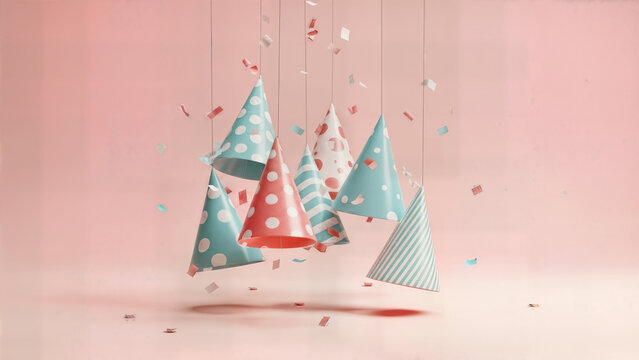 Group of colorful party hats with polka dot and stripe patterns hanging with confetti against soft pink background for festive birthday celebration or event theme.
