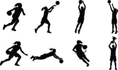 Female basketball player silhouettes set featuring woman athlete action poses dribbling passing shooting and celebrating isolated on white background © Shoriful