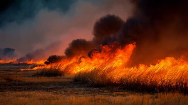 Huge flames and thick black smoke engulfing a dry grassy field during a devastating wildfire