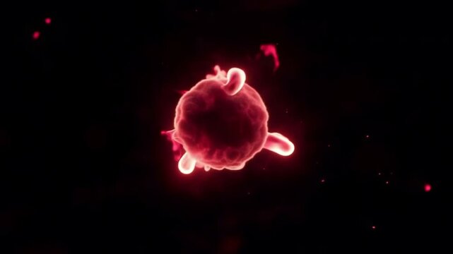 Abstract Glowing Red Pathogen Virus Cell Mutating on Black Background