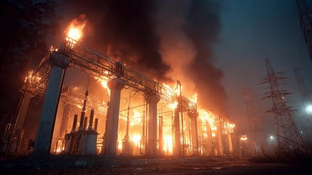 Burning electrical power station with high-voltage transformers and pylons engulfed in flames