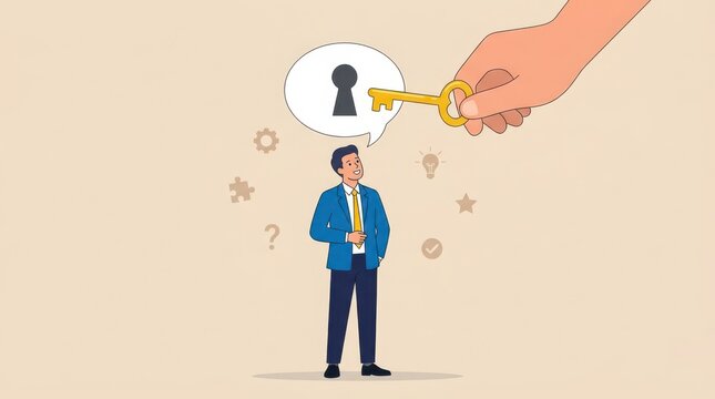Unlocking potential business man receives key to success with conceptual elements