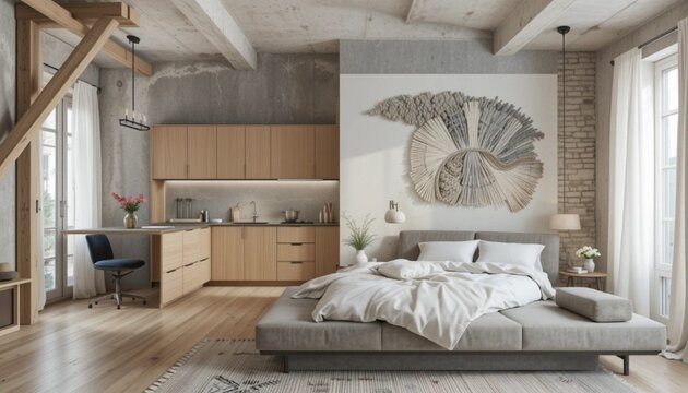 loft studio with an open bed and concrete kitchen, raw plaster, light oak, woven textile wall art, sheer linen curtains