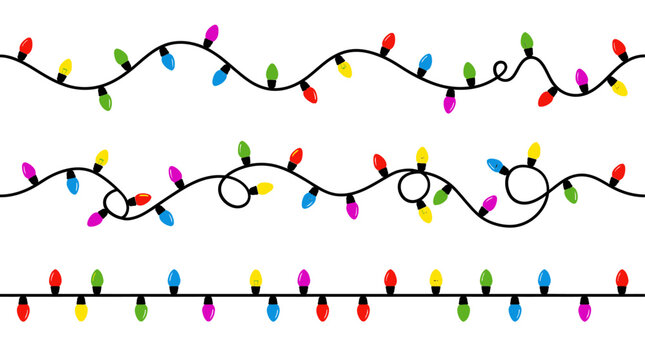 Christmas String Lights Set, Flat Vector Holiday Decorations