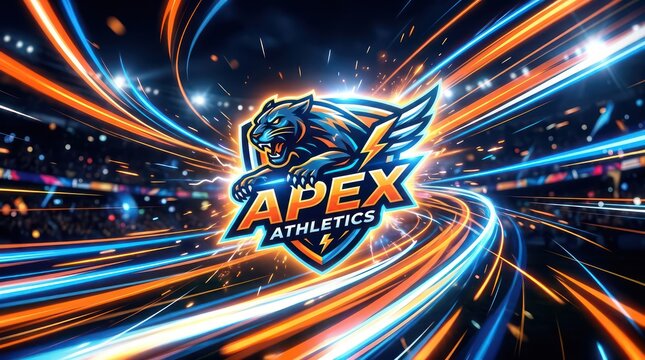 Aggressive panther head mascot emblem for apex athletics team on motion light background.