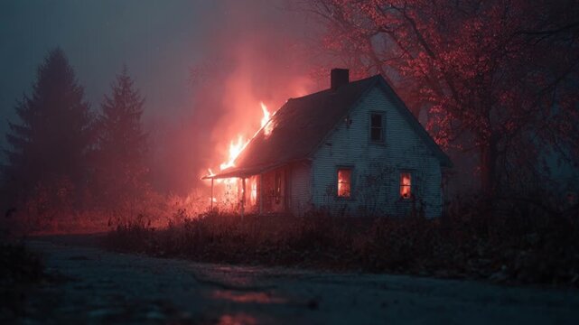 Old abandoned house engulfed in flames during a dramatic and foggy night in the countryside