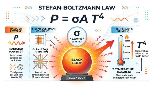 Stefan boltzmann law equation infographic showing black body radiation principles diagram.
