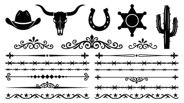 Western Wild West Icon and Divider Set Vector Illustration
