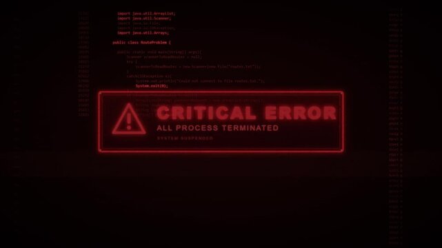 Glowing red critical error and system suspended warning message over scrolling computer programming code